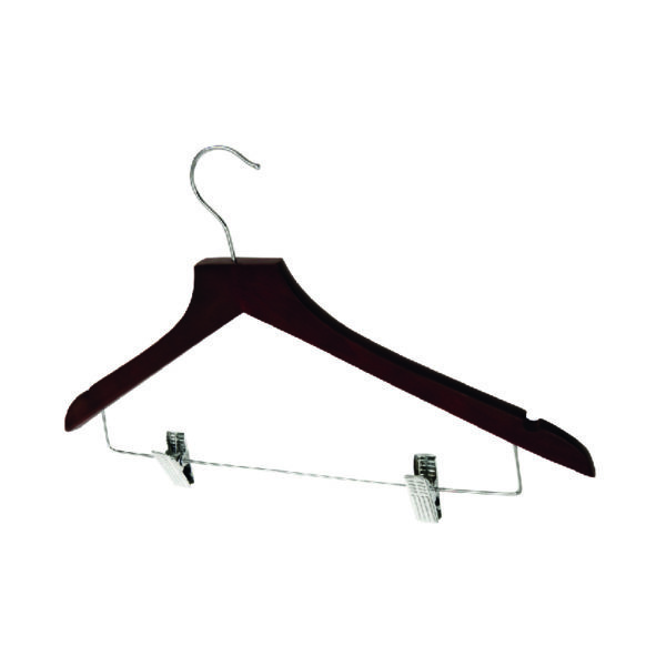 hotel supplies wooden hook clothes hanger in dark wood with clips