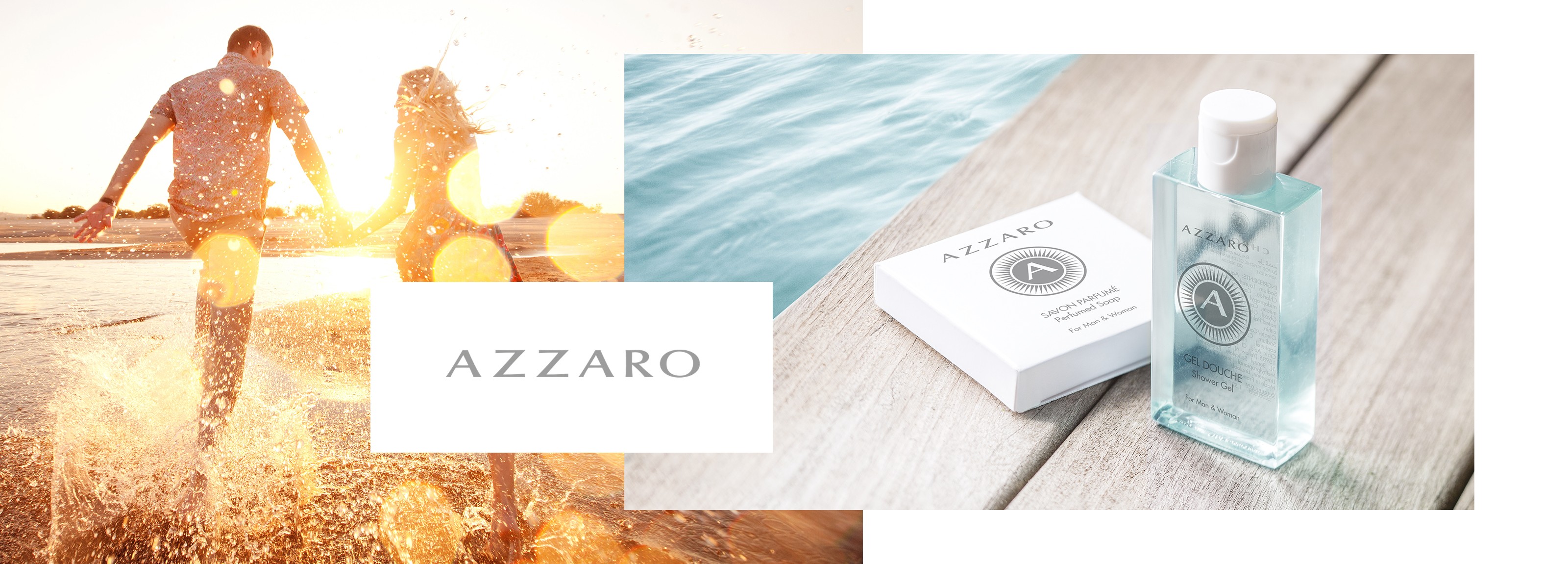 azzaro bathroom products and logo with people running through water