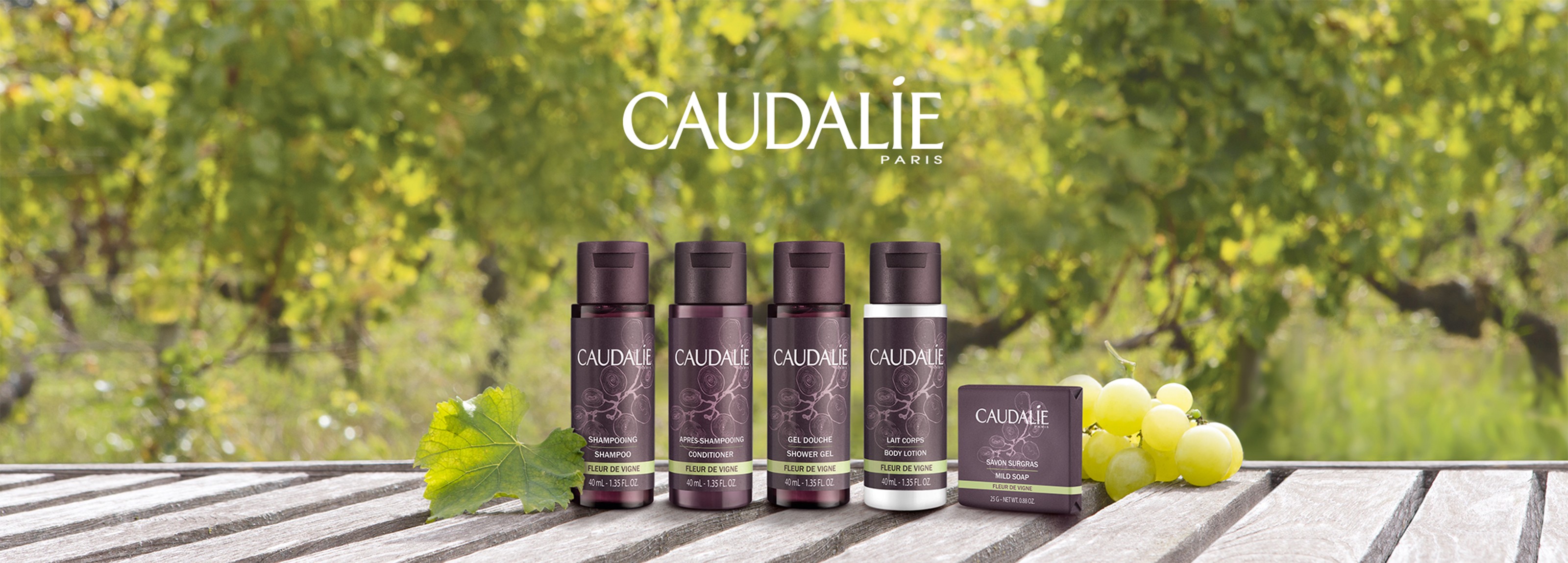 caudalie bathroom products and logo with grapes