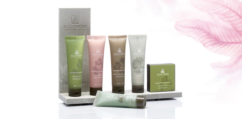 Algotherm bathroom products on stone tray