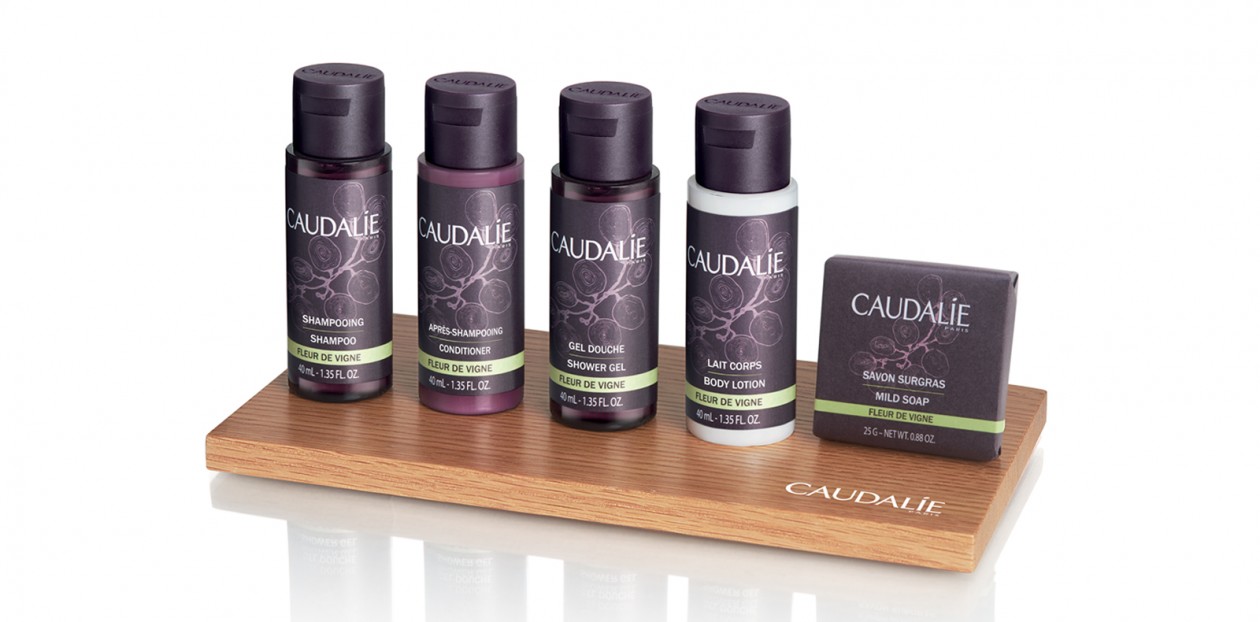 Caudalie bathroom products shampoo conditioner shower gel body lotion soap