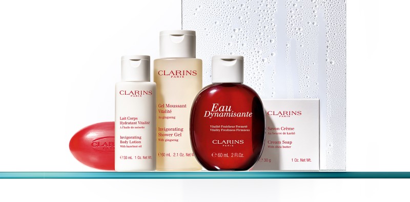 Clarins bathroom products body lotion shower gel soap