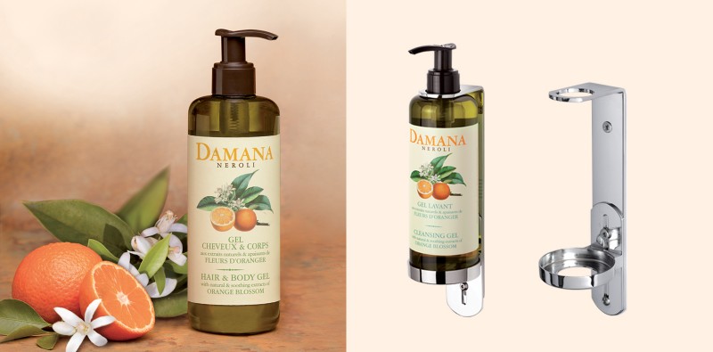néroli damana hair and body gel and soap holder in chrome