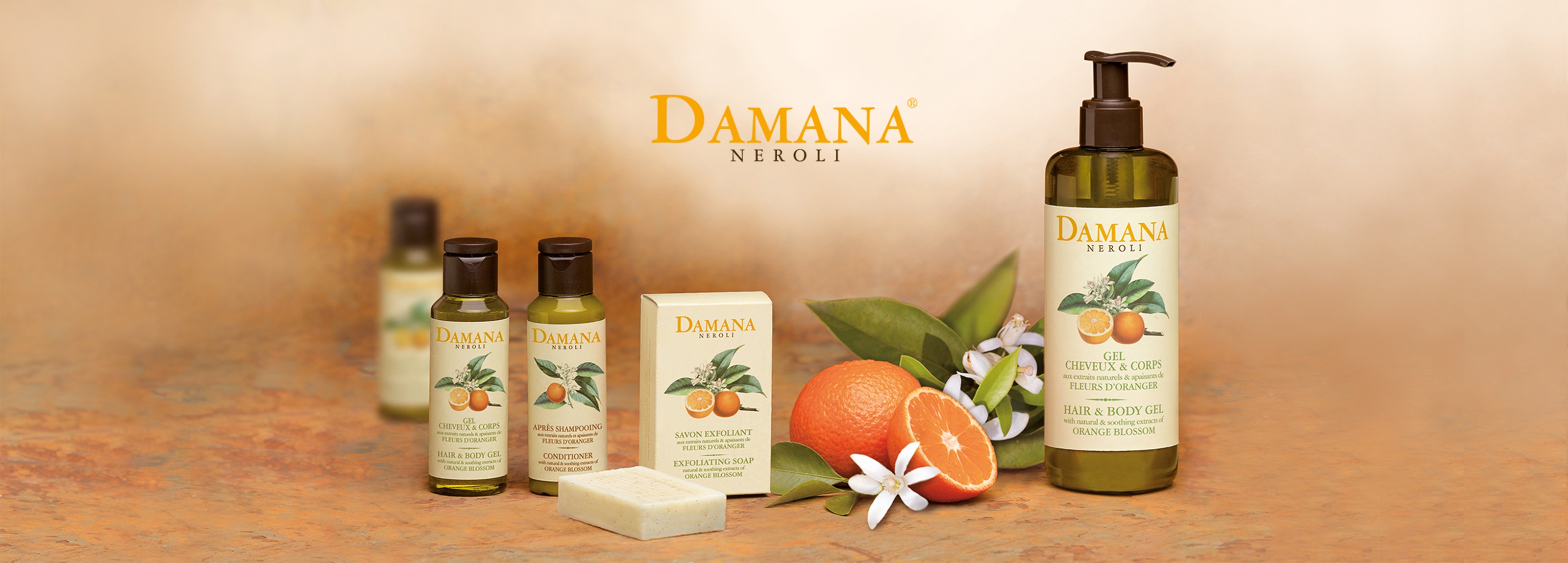 néroli damana hair and body gel soap conditioner products