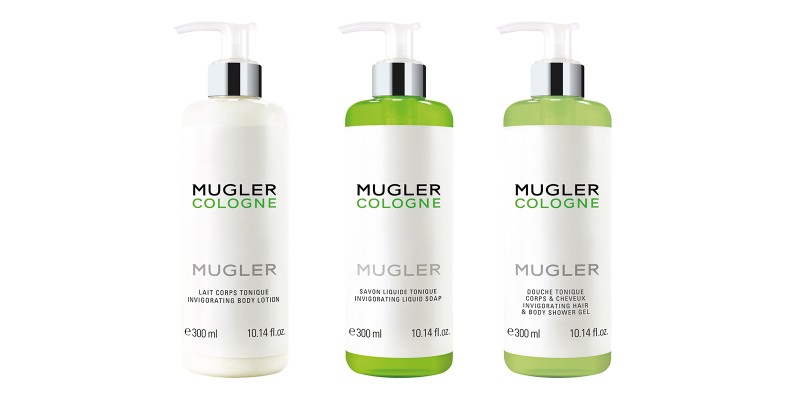 mugler cologne three green and white bottles