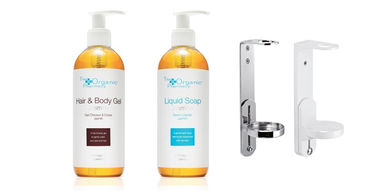 the organic pharmacy liquid soap hair and body gel and soap holder